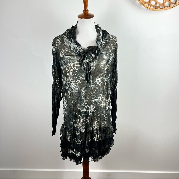 Puli Leopard Print Ruffle Tunic Dress L Sheer Boho Layered Hem Animal Print Top - Picture 8 of 10